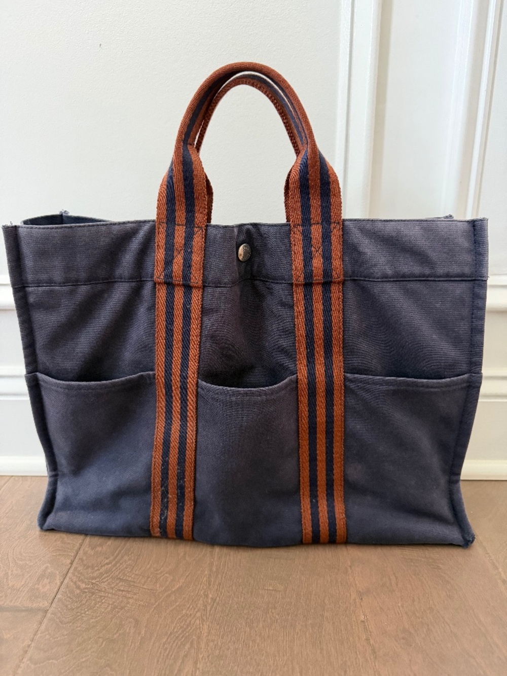 Hermès Fourre-Tout GM Canvas Tote | Navy Blue & Brown | Large Vintage Tote